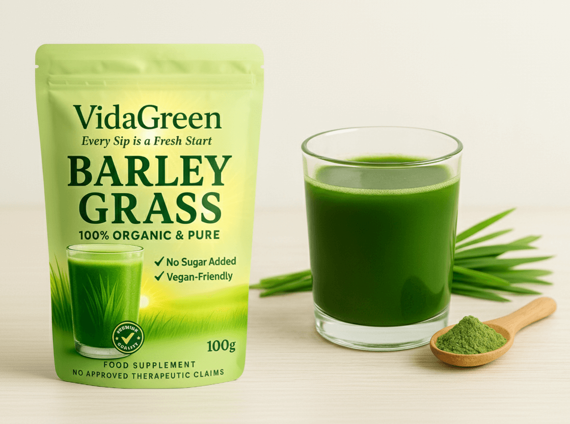 VidaGreen Barley Grass premium pack with glass